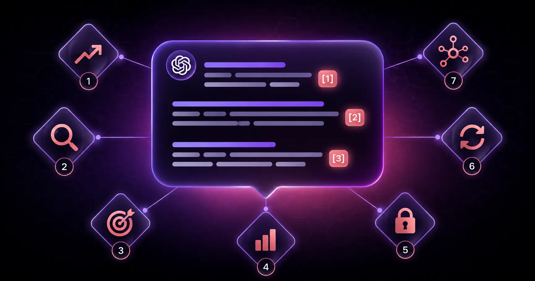 Illustration of a brand logo being cited inside a ChatGPT conversation window with numbered citation links, showing the 7 citation factors flowing from a website into the AI response, in the RankBrain Solutions purple-to-coral gradient theme