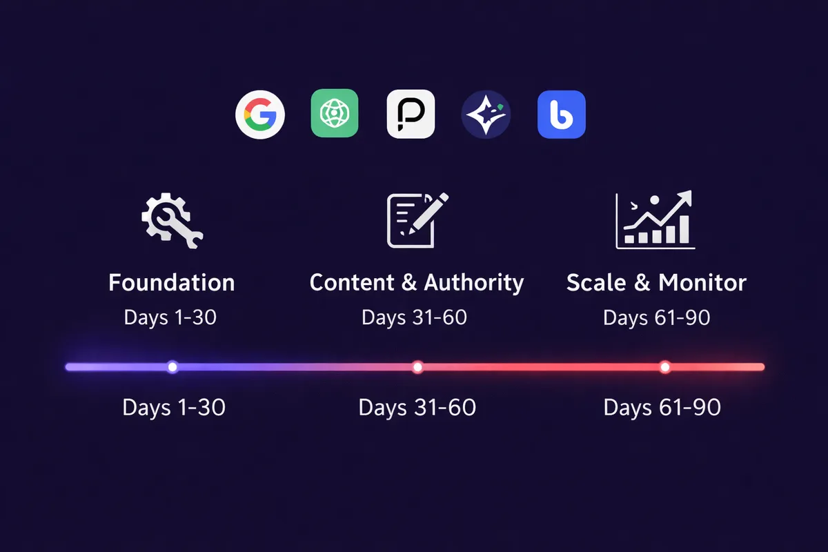 A 90-day timeline infographic showing three phases of AI search optimization — foundation, content and authority, and scale and monitor — with icons for Google, ChatGPT, Perplexity, Gemini, and Bing Copilot