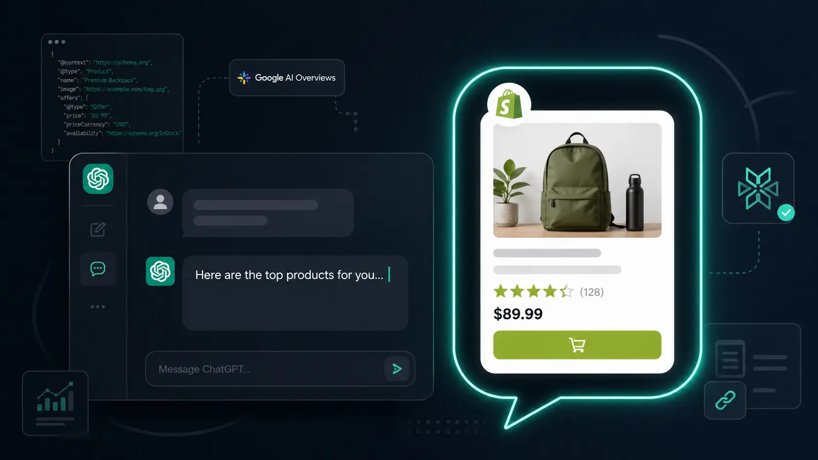 Illustration of a Shopify storefront product card appearing inside a ChatGPT conversation window, with AI recommendation text and a buy button — representing how Shopify products get discovered through AI shopping tools in 2026